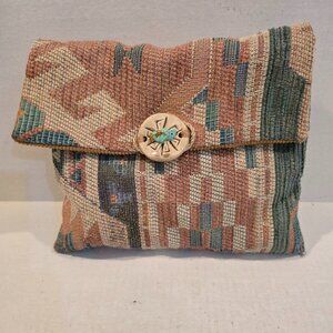 Southwestern Carpet Crossbody Purse Handmade Pottery Loop Closure 9 inches